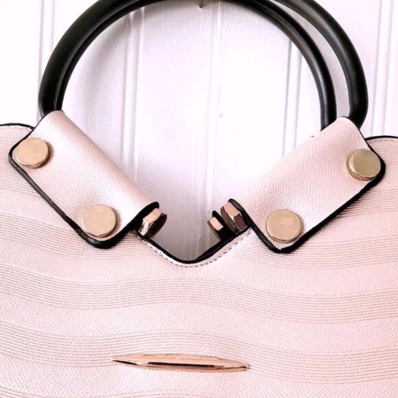 POURQUOI PAS PU Leather XL Soft Pink Metalic Black Metal Handles Shoulder Bag - Picture 6 of 11